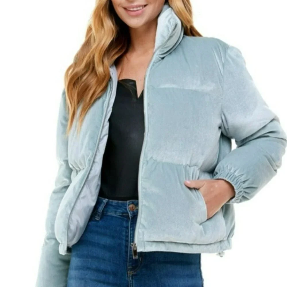 TCEC Blue Skies Velvet Puffer Coat Dusty Blue Size Large NWT - Picture 1 of 5